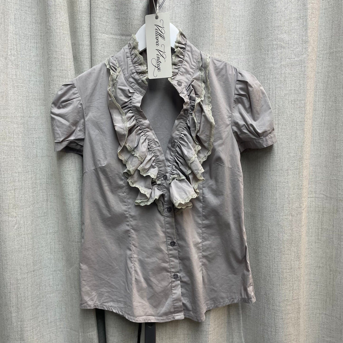 Gray Ruffle V-Neck Button Up Blouse