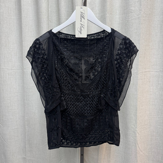 Isabel Marant Silk Boho Embellished Sheer Short Sleeve Top