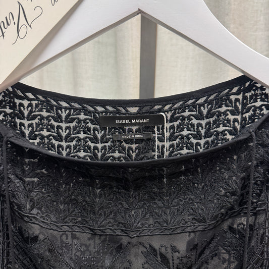 Isabel Marant Silk Boho Embellished Sheer Short Sleeve Top
