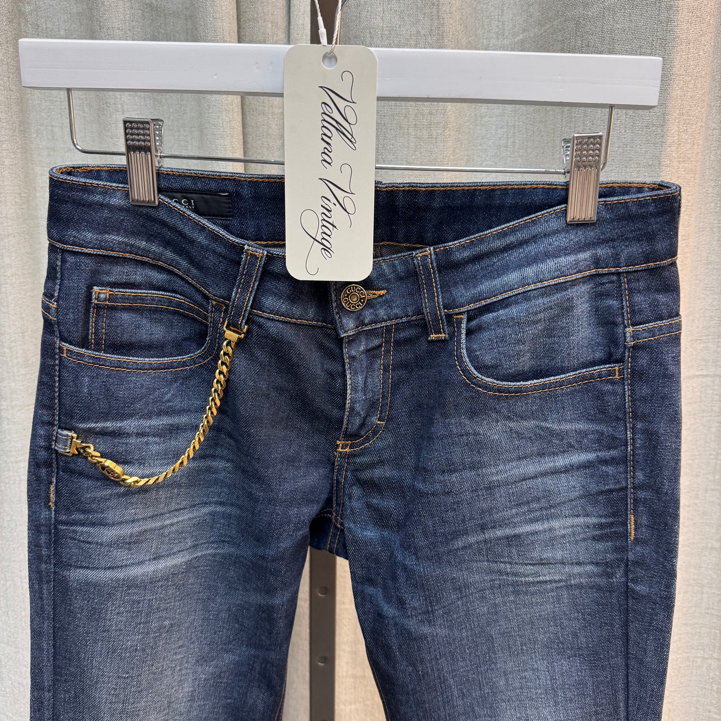 Gucci Dark Wash Bootcut Jeans with Gold Chain