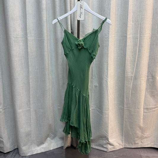 Green Asymmetrical Ruffle Floral Maxi Dress 100% silk