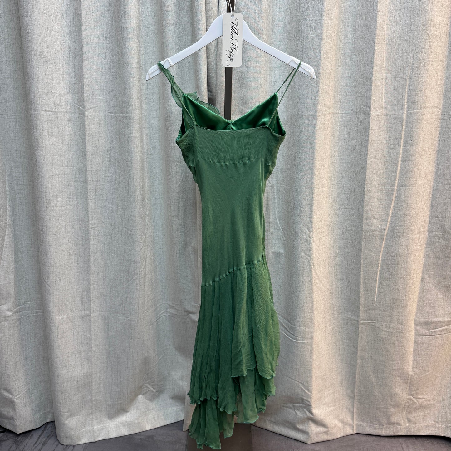 Green Asymmetrical Ruffle Floral Maxi Dress 100% silk