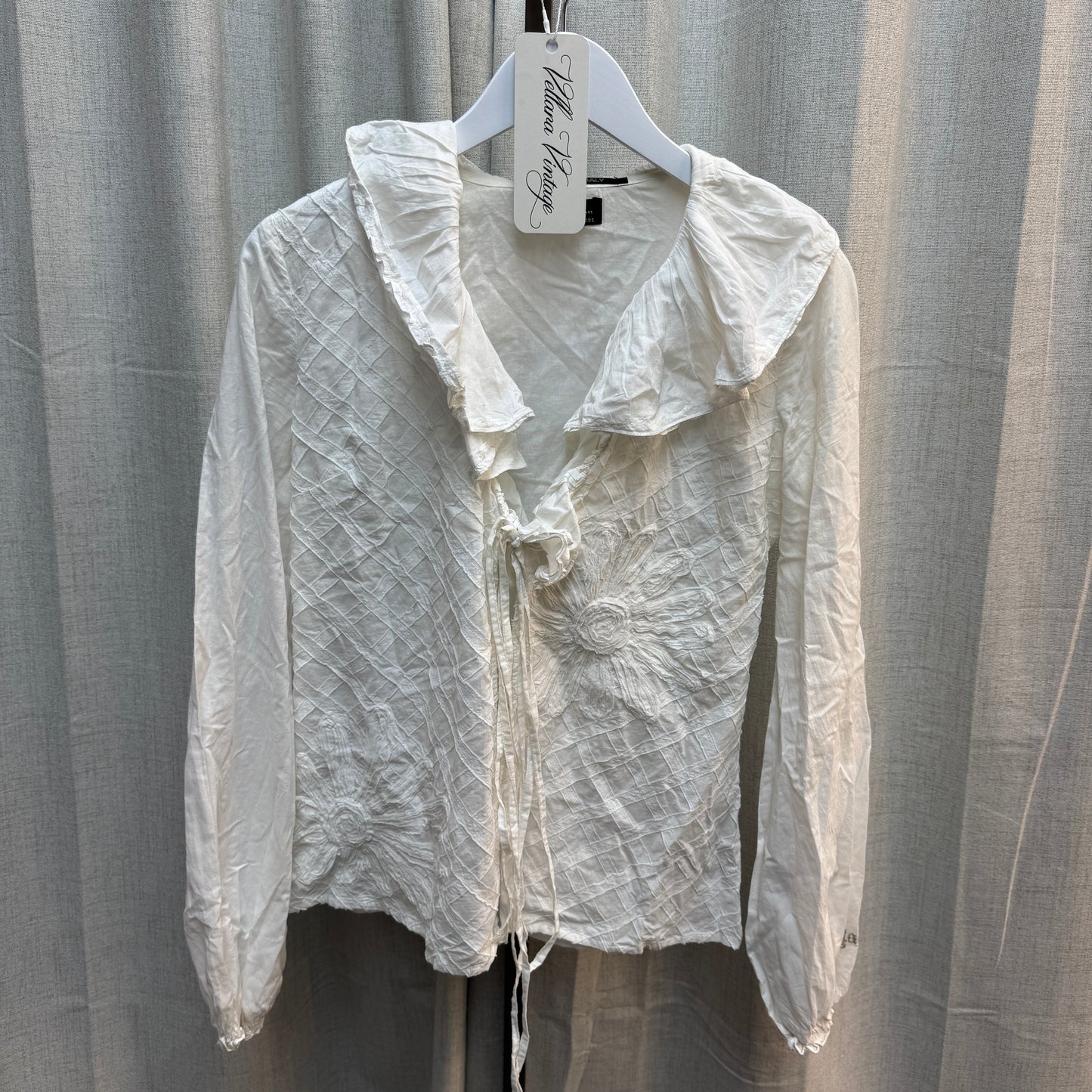 White Tie Front Ruffle Long-Sleeve Blouse