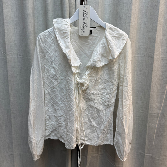 White Tie Front Ruffle Long-Sleeve Blouse