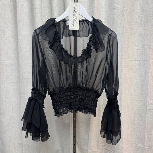 Yves Saint Laurent Variation Sheer Black Silk Cinched Blouse