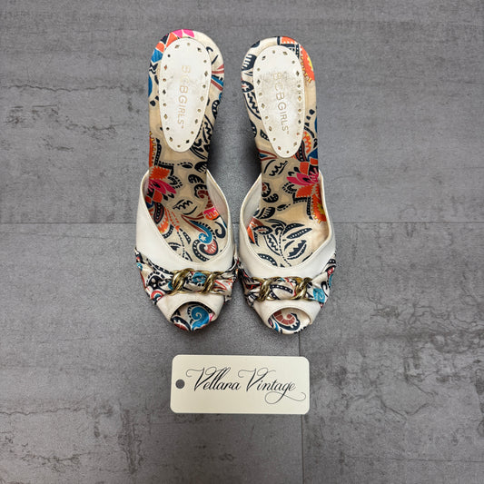 BCBGirls White Leather Paisley Print Peep Toe Heels