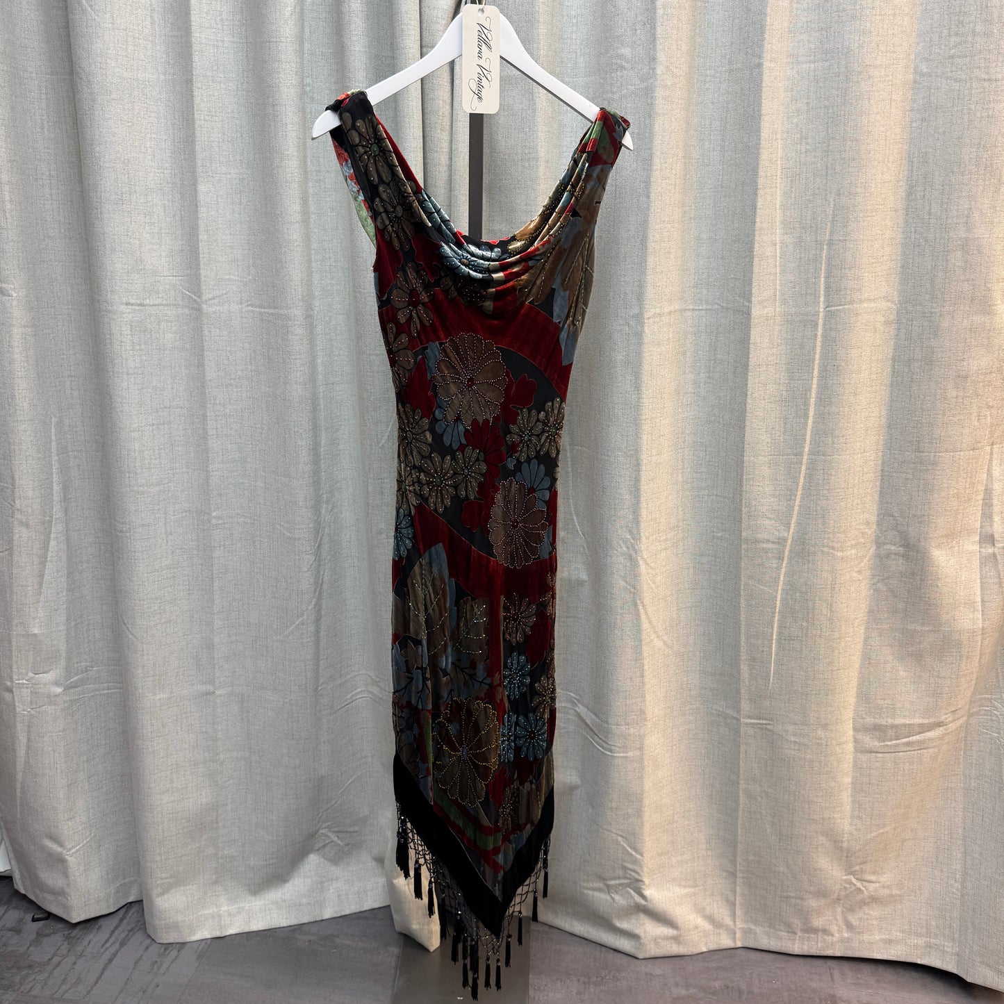 Velvet Cowl Neck Floral Fringe Maxi Dress
