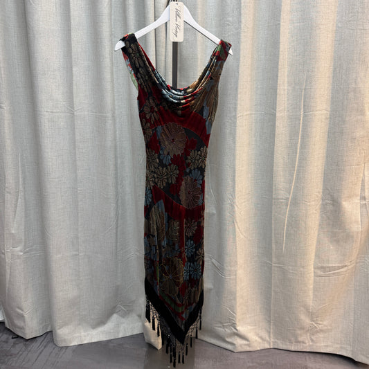 Velvet Cowl Neck Floral Fringe Maxi Dress