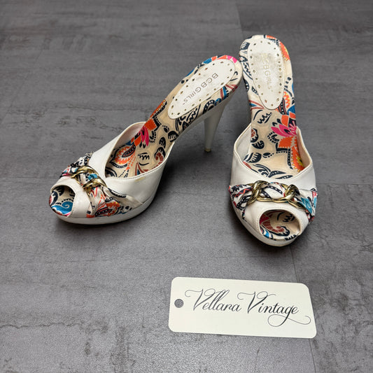 BCBGirls White Leather Paisley Print Peep Toe Heels