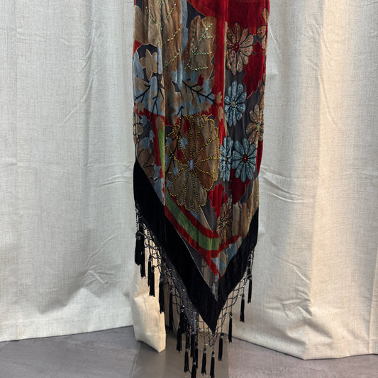 Velvet Cowl Neck Floral Fringe Maxi Dress