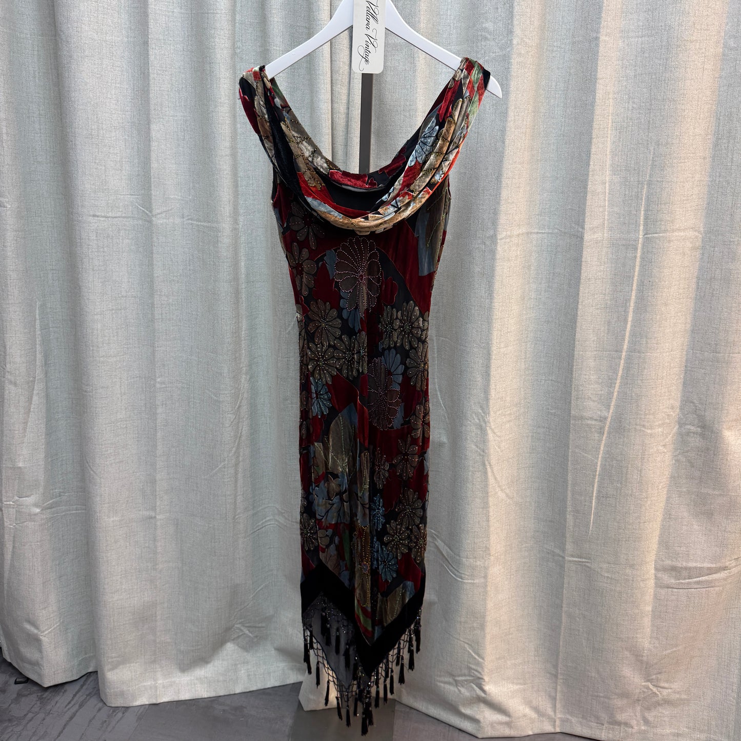 Velvet Cowl Neck Floral Fringe Maxi Dress