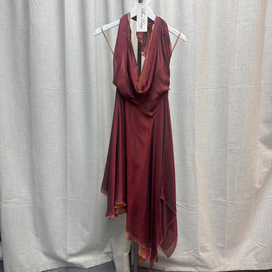Diane Von Furstenberg Burgundy Silk Layered Cowl Halter Midi Dress