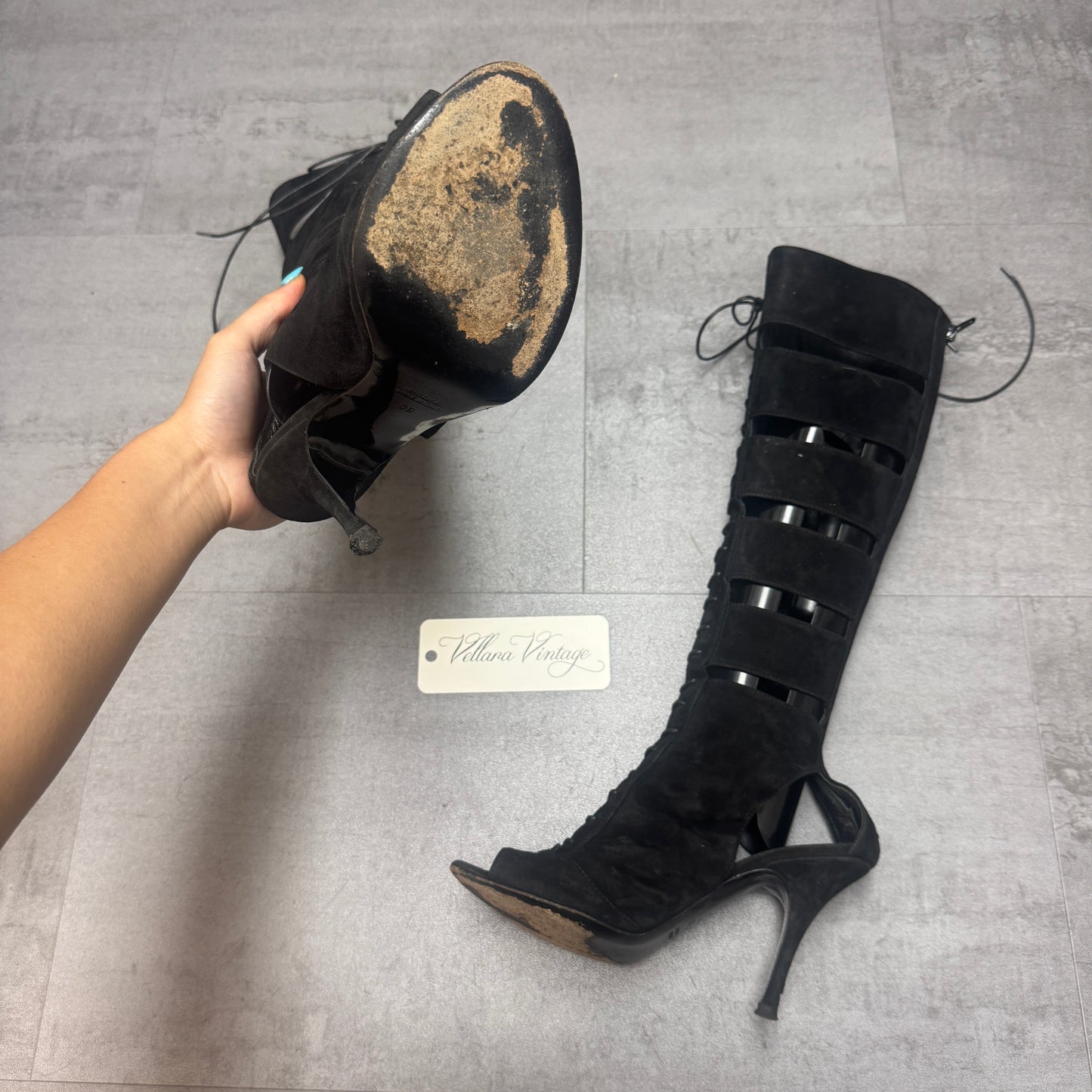 La Perla 2009 Black Suede Gladiator Cut-Out Boots