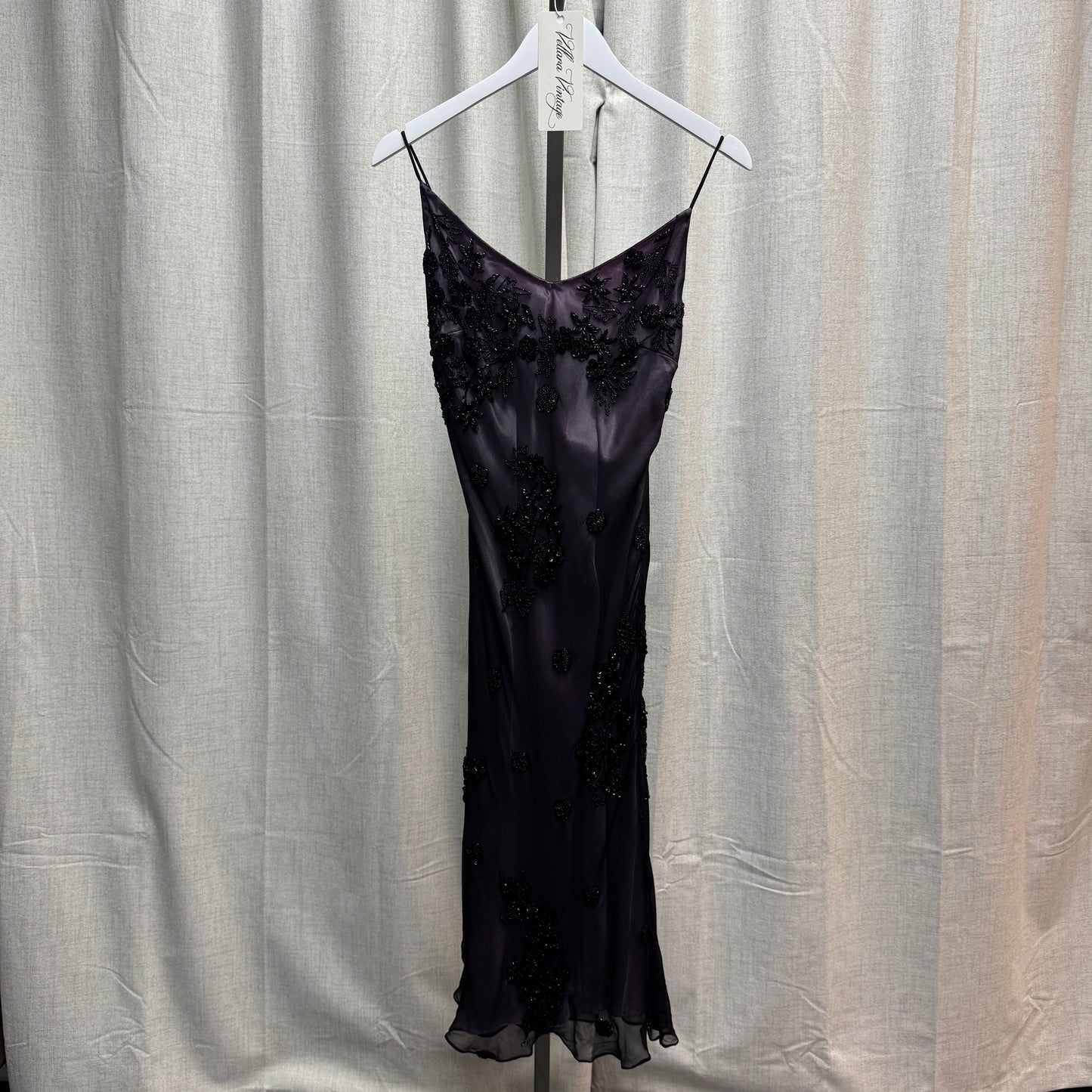Frank Usher Silk Beaded Black and Purple Midi Dress