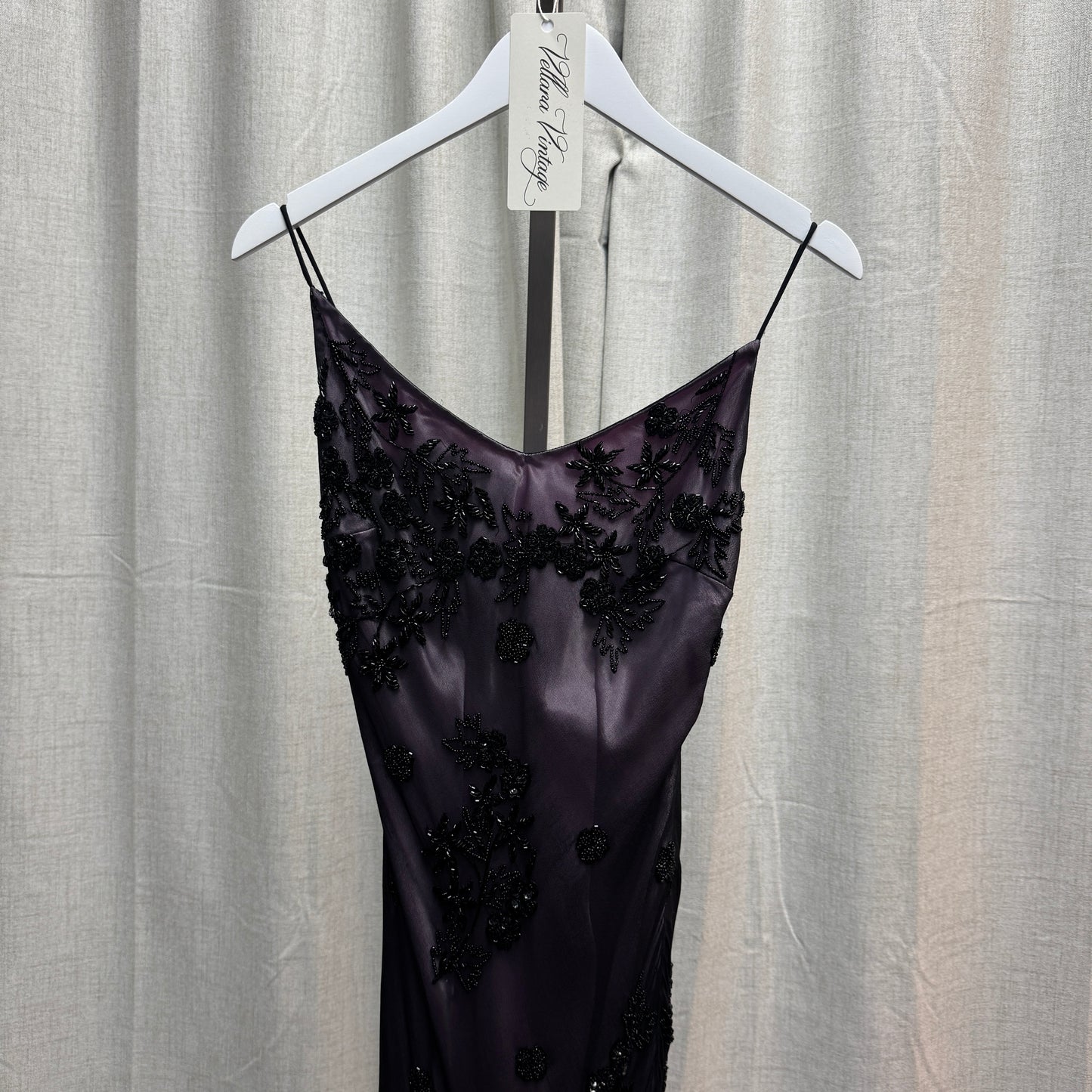 Frank Usher Silk Beaded Black and Purple Midi Dress