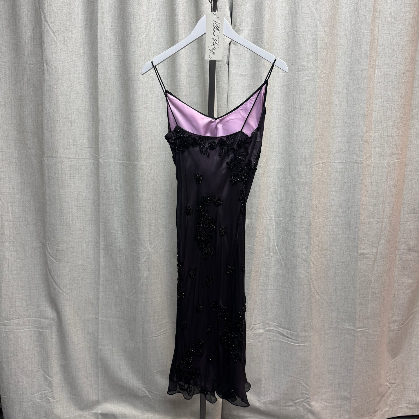 Frank Usher Silk Beaded Black and Purple Midi Dress