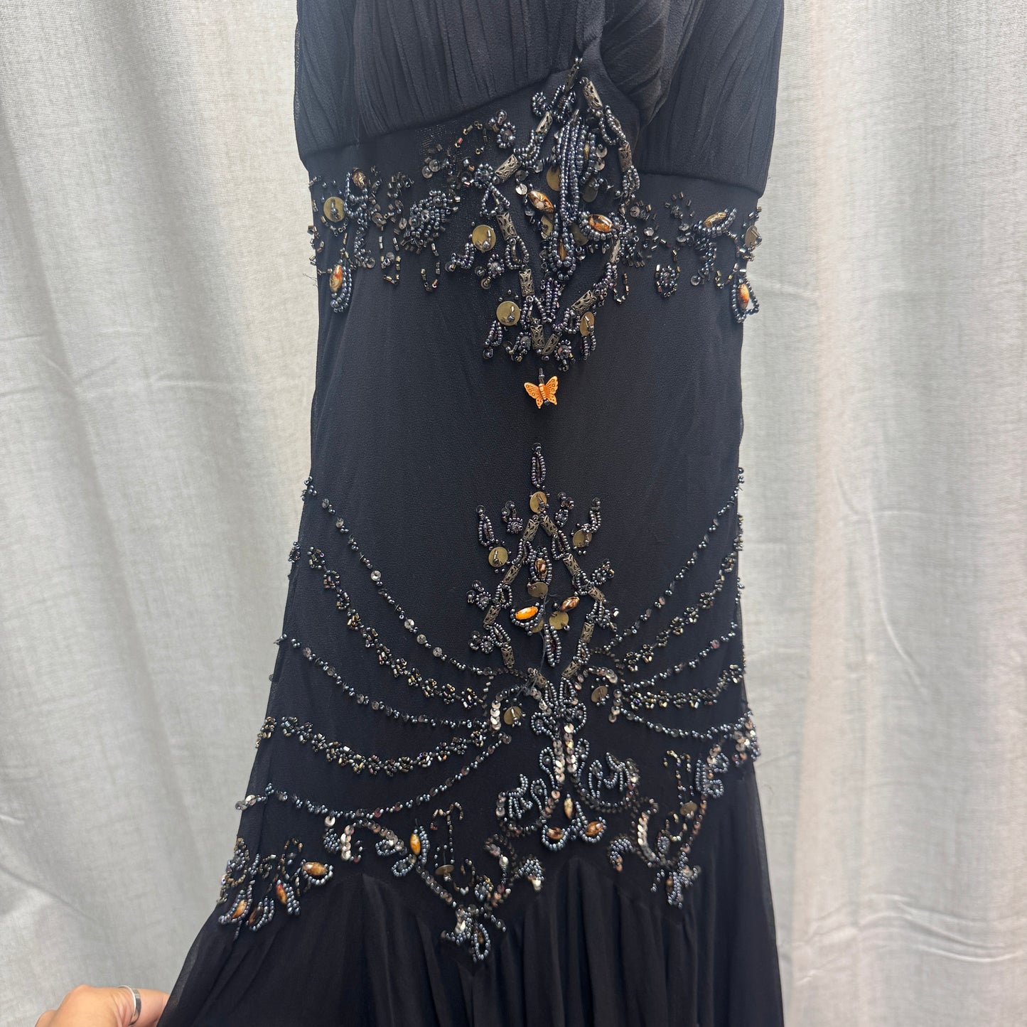 Faust France Silk Black & Orange Butterfly Maxi Dress