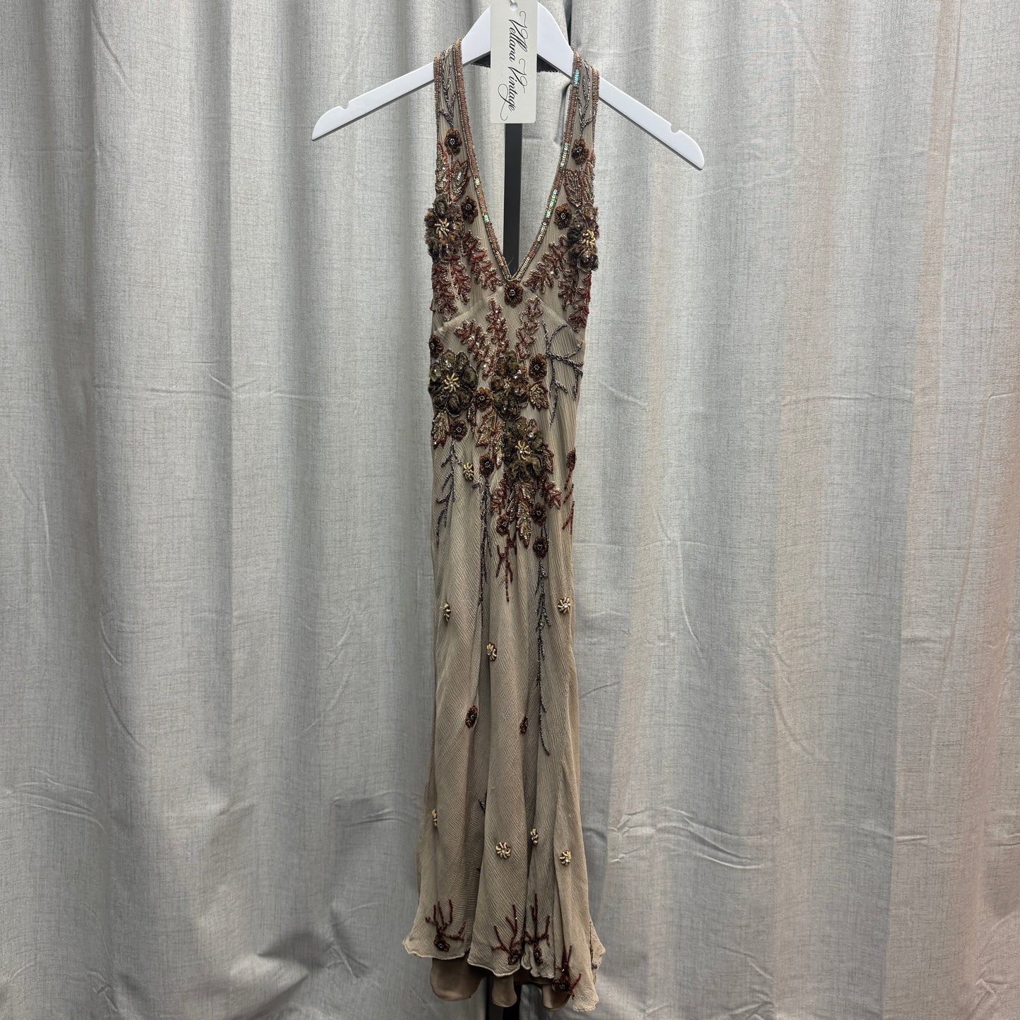 Aftershock Beige Silk Beaded Midi Dress