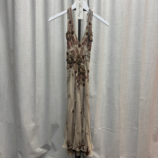 Aftershock Beige Silk Beaded Midi Dress