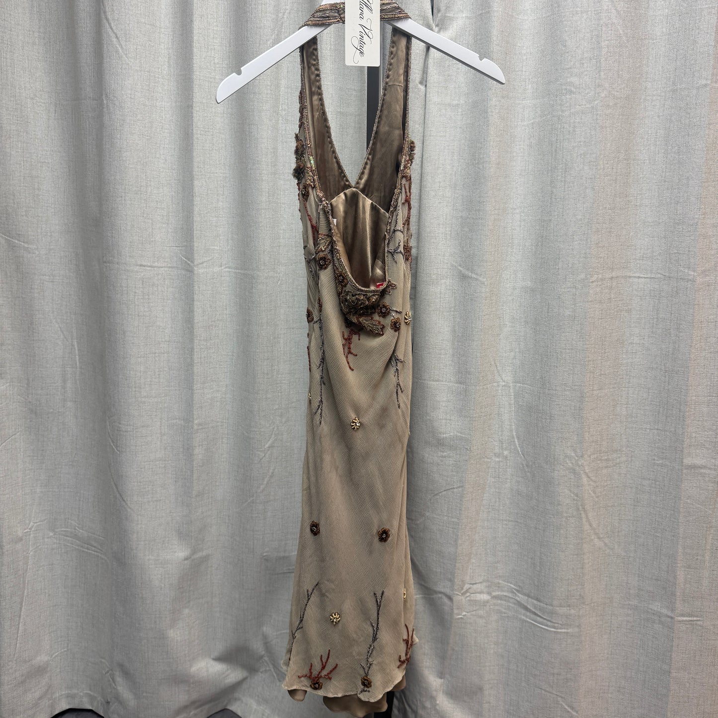 Aftershock Beige Silk Beaded Midi Dress