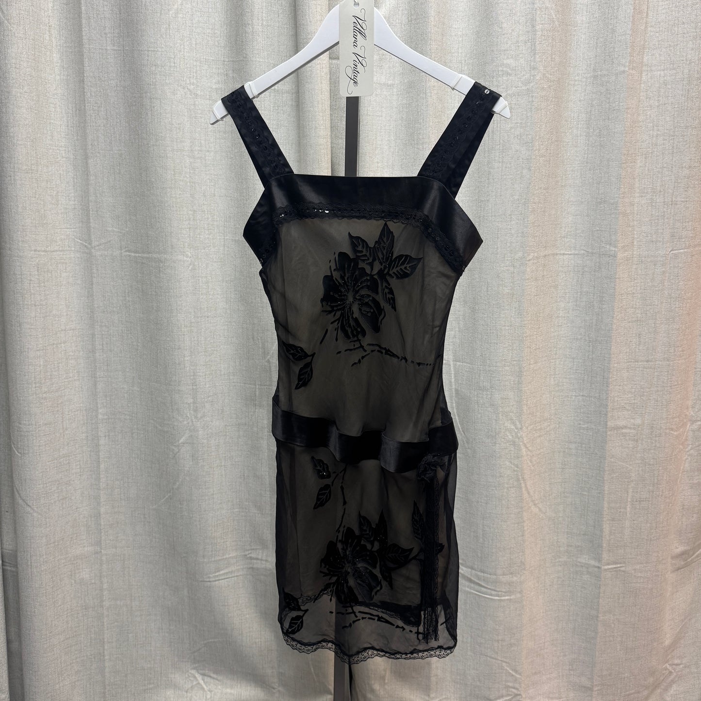 Jacqueline Riu Silk Black Sheer Rosette Mini Dress