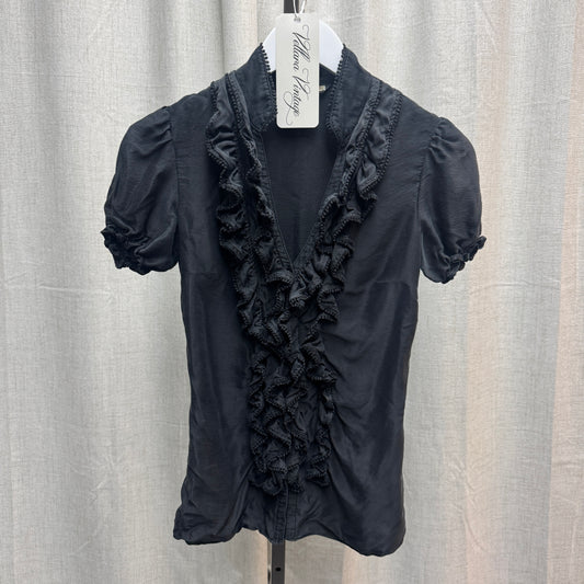 Black Ruffle Low-Cut Short Sleeve Blouse 100% Silk