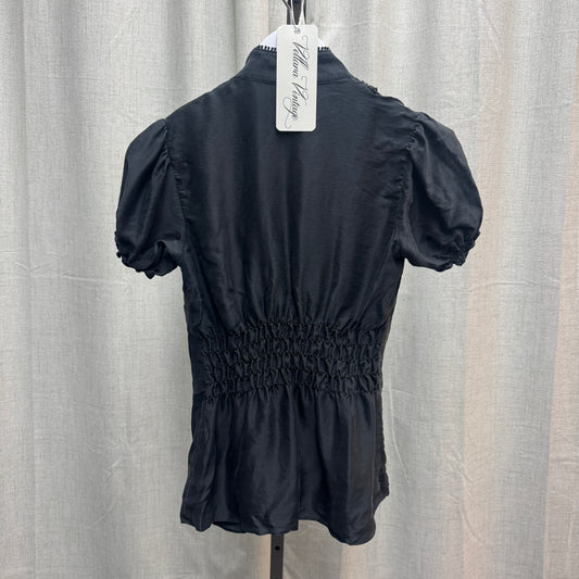 Black Ruffle Low-Cut Short Sleeve Blouse 100% Silk