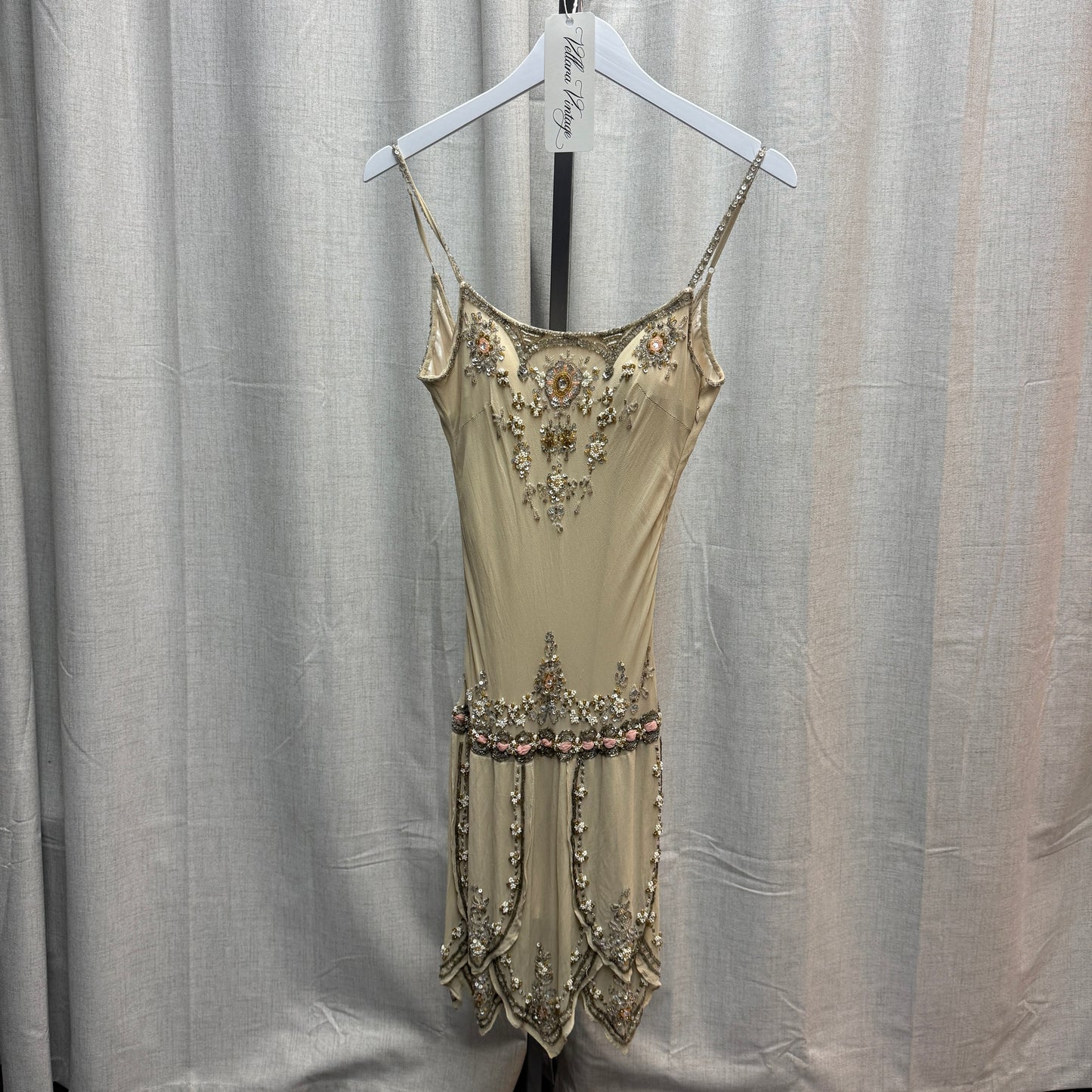Sue Wong Deadstock Silk Backless Champagne Floral Beaded Midi Dress