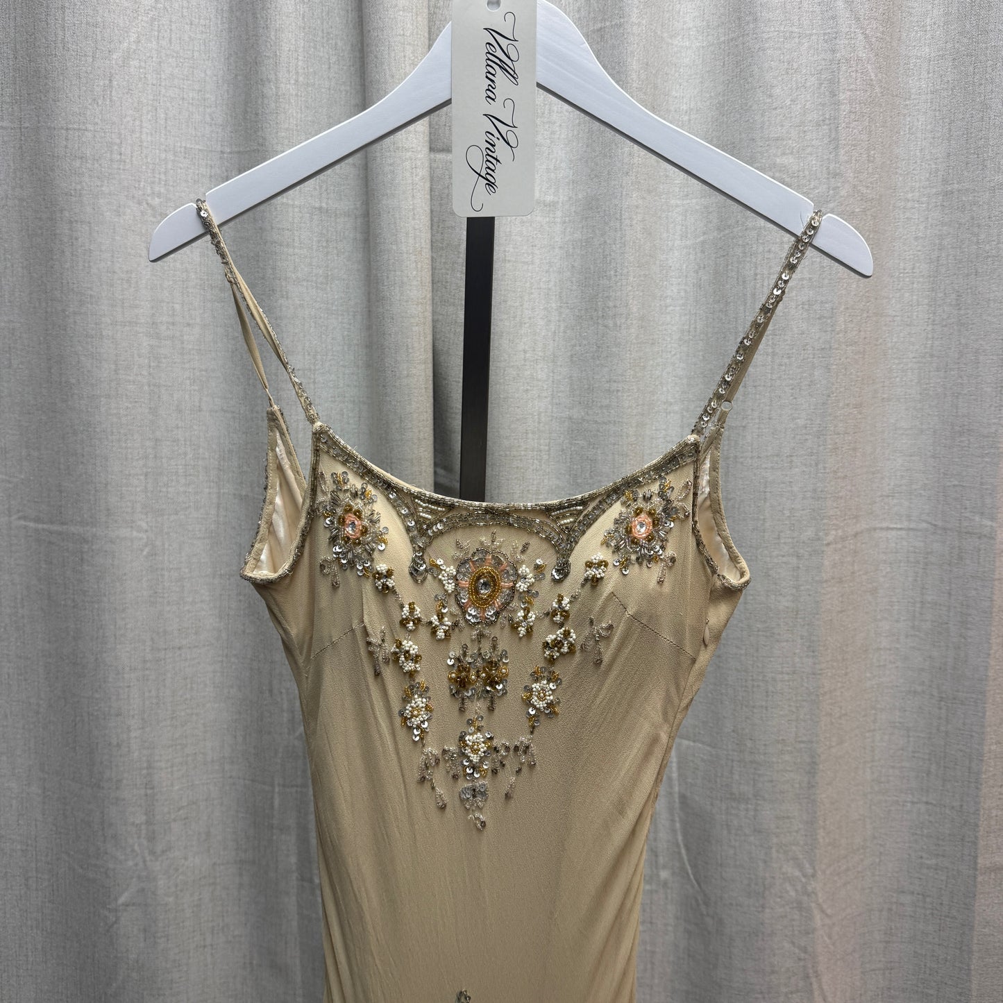 Sue Wong Deadstock Silk Backless Champagne Floral Beaded Midi Dress
