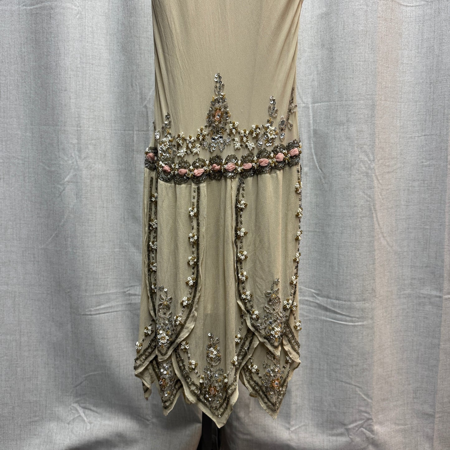 Sue Wong Deadstock Silk Backless Champagne Floral Beaded Midi Dress