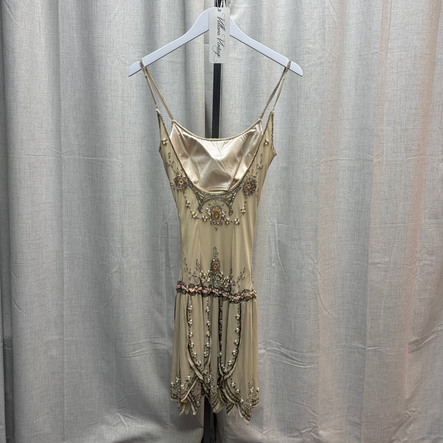 Sue Wong Deadstock Silk Backless Champagne Floral Beaded Midi Dress
