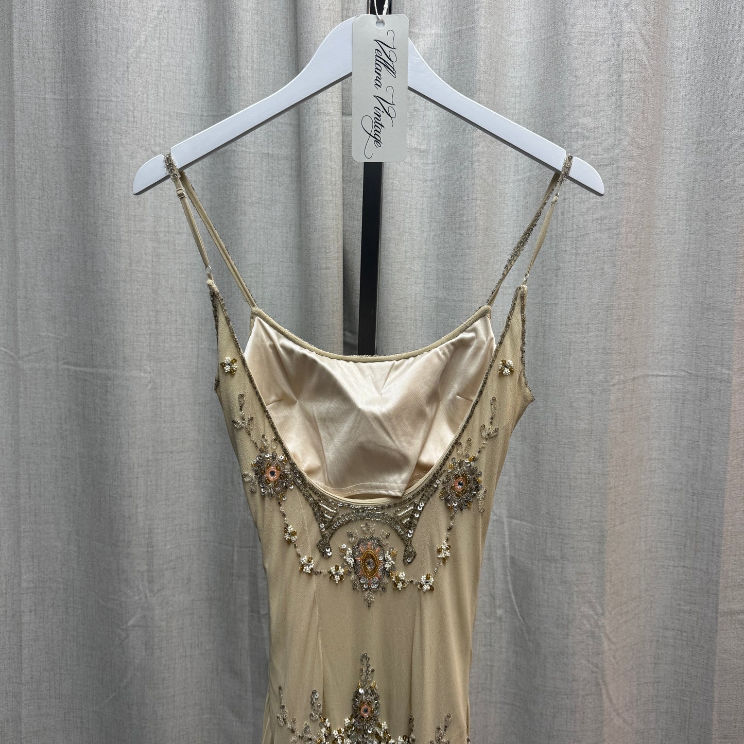 Sue Wong Deadstock Silk Backless Champagne Floral Beaded Midi Dress