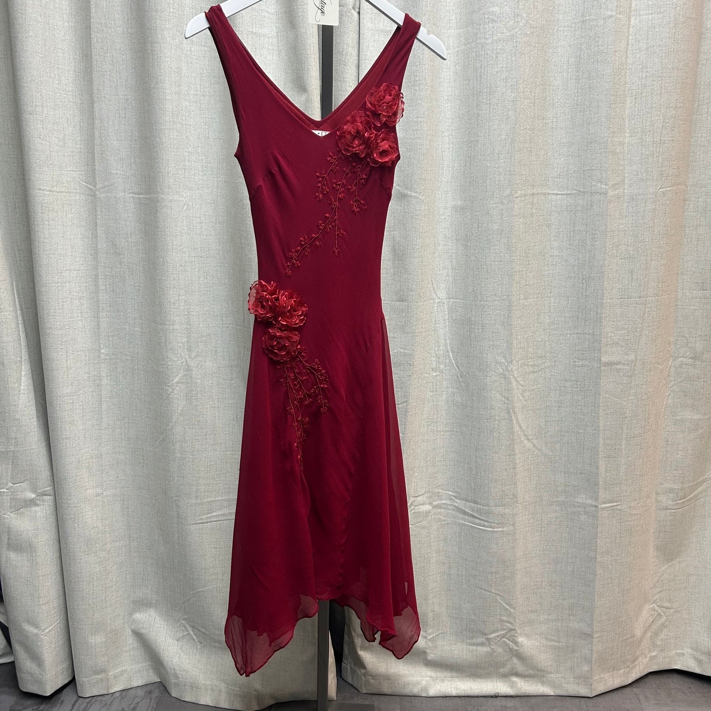 Red Silk Rosette Midi Dress