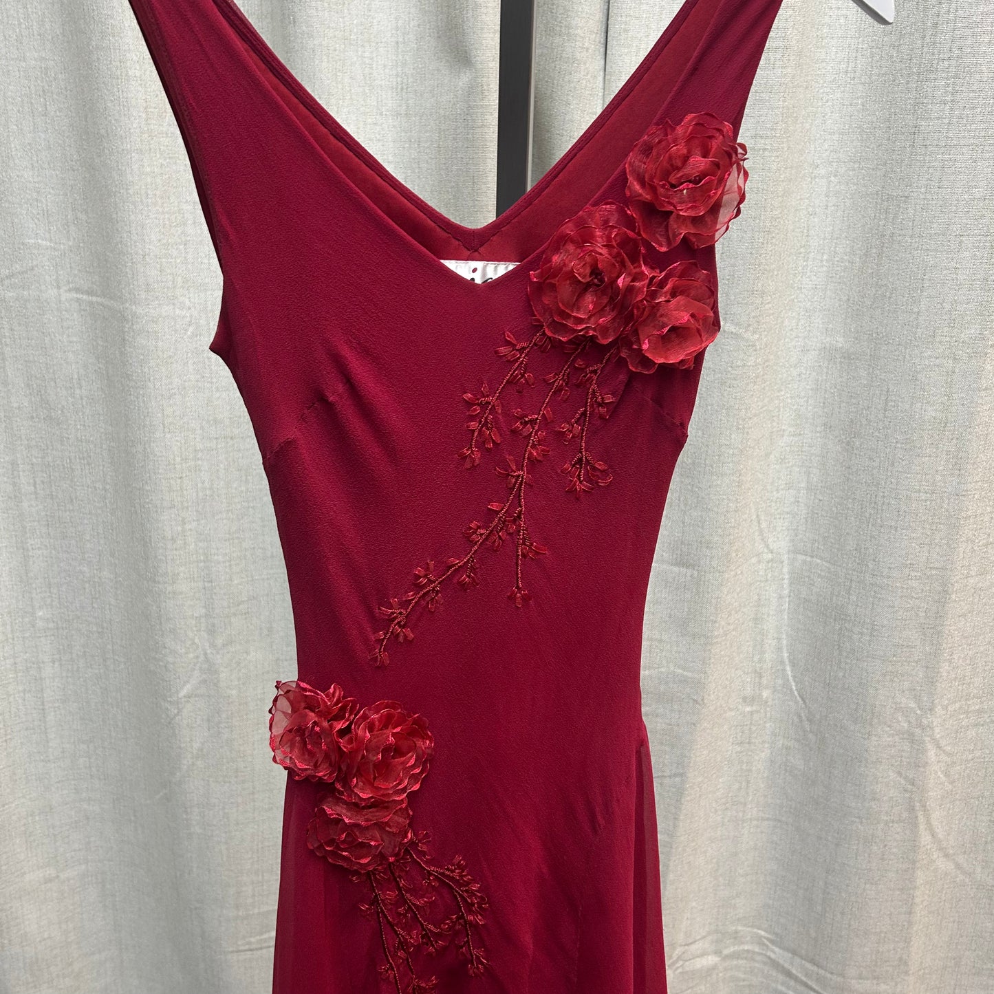 Red Silk Rosette Midi Dress