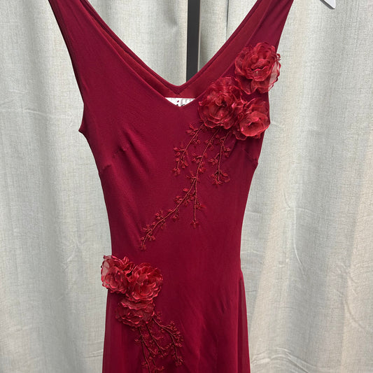 Red Silk Rosette Midi Dress