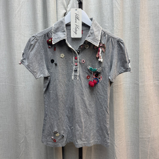 Gray Button Embellished Polo Short Sleeve Top