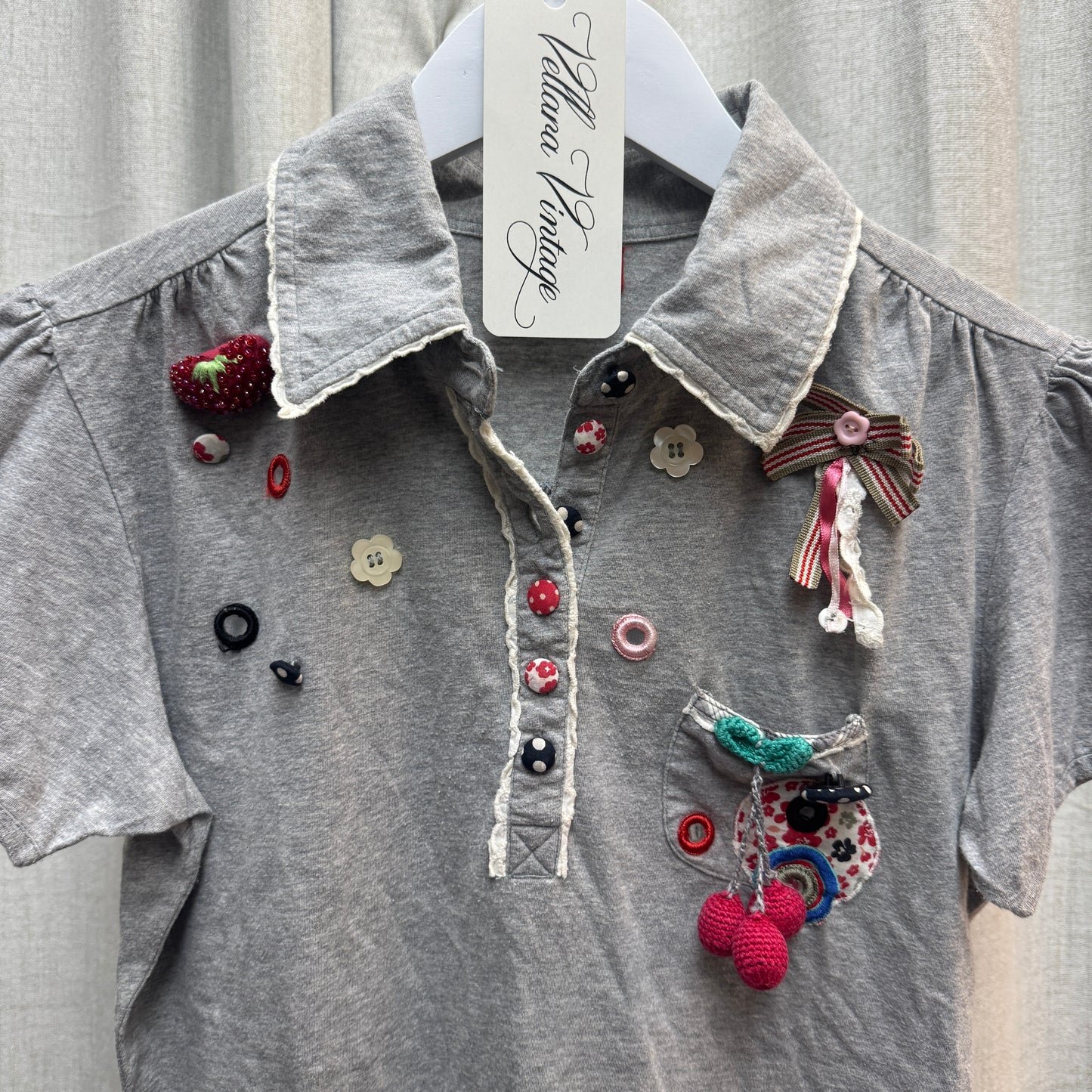 Gray Button Embellished Polo Short Sleeve Top