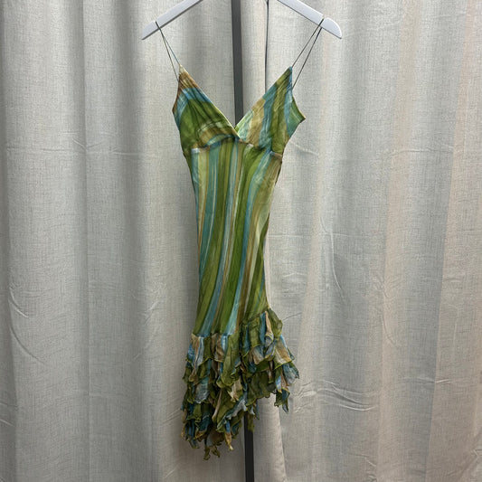 90s Silk Green and Blue Ruffle Striped Midi Dress