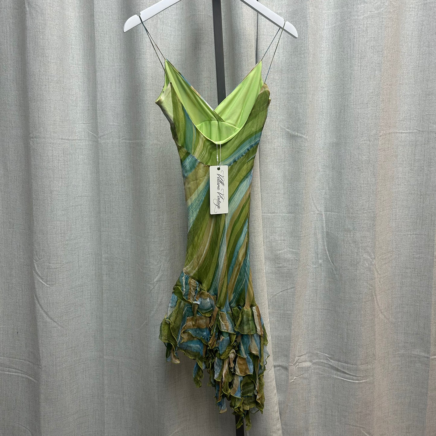 90s Silk Green and Blue Ruffle Striped Midi Dress