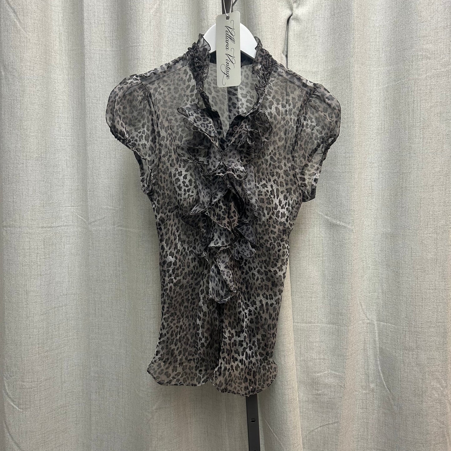 Sheer Gray Cheetah Print Ruffle Blouse