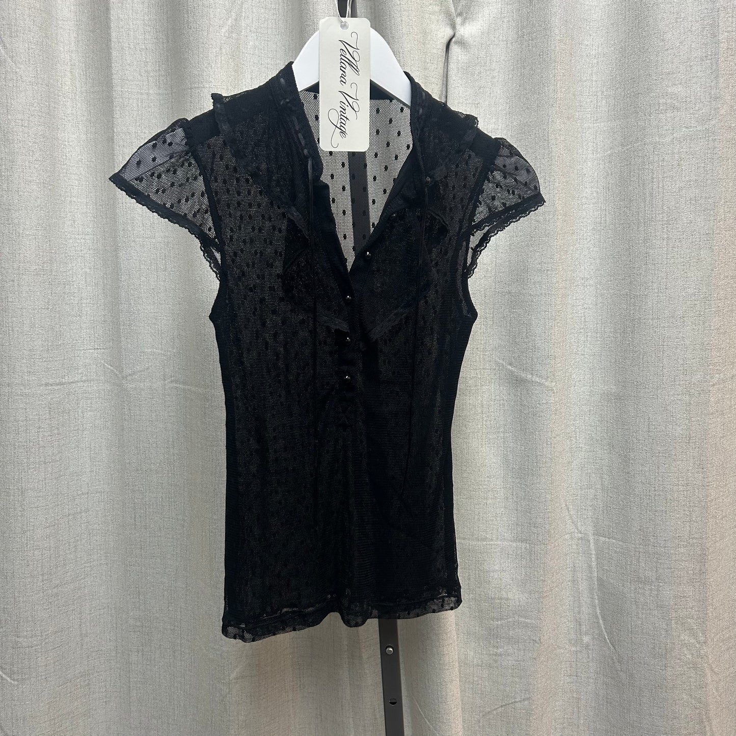 Black Sheer Polka Dot Tie-Front Ruffle Blouse