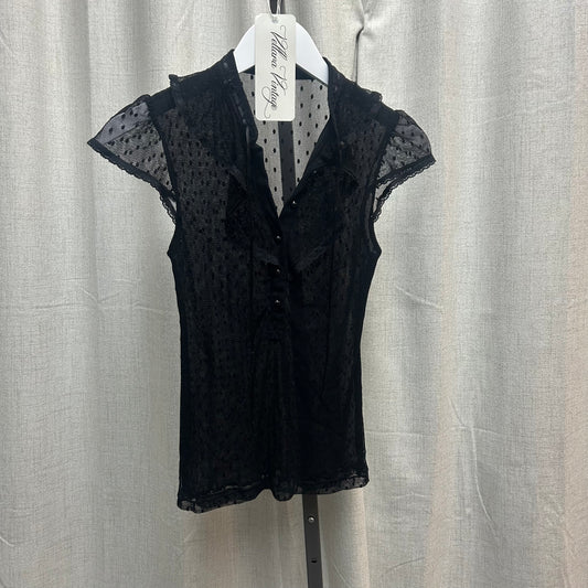 Black Sheer Polka Dot Tie-Front Ruffle Blouse