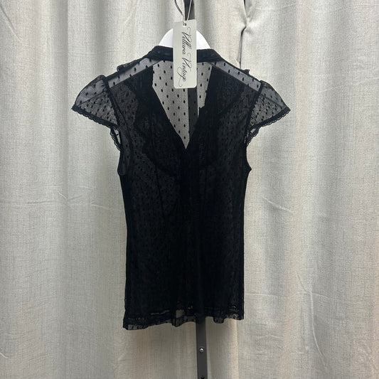 Black Sheer Polka Dot Tie-Front Ruffle Blouse