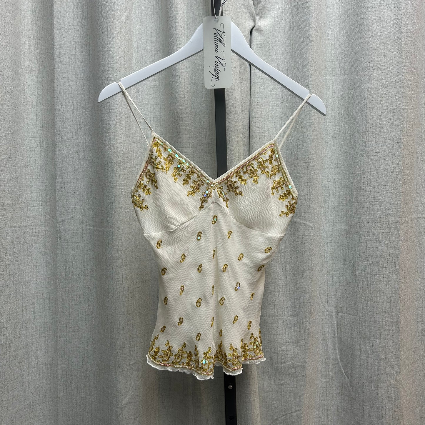 Bebe White & Gold Silk Beaded Tank Top