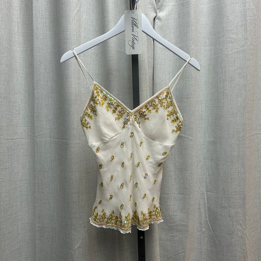 Bebe White & Gold Silk Beaded Tank Top