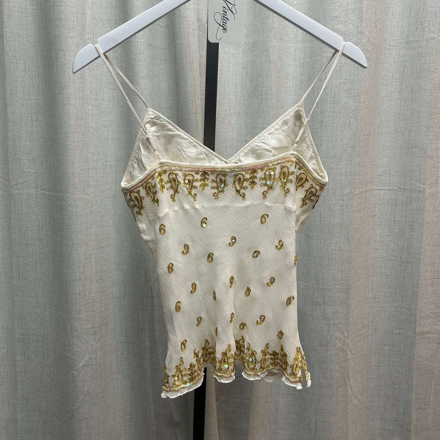 Bebe White & Gold Silk Beaded Tank Top