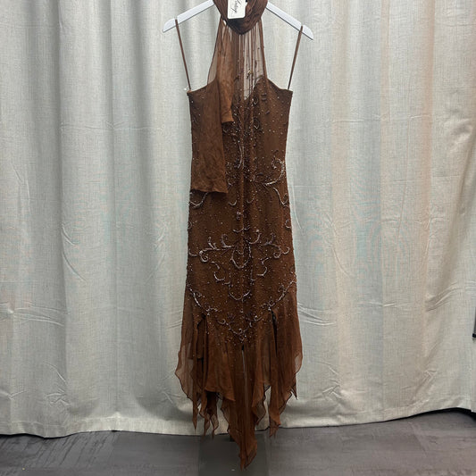 Vintage Silk Brown Beaded Halter Neck Dress with Asymmetrical Hem