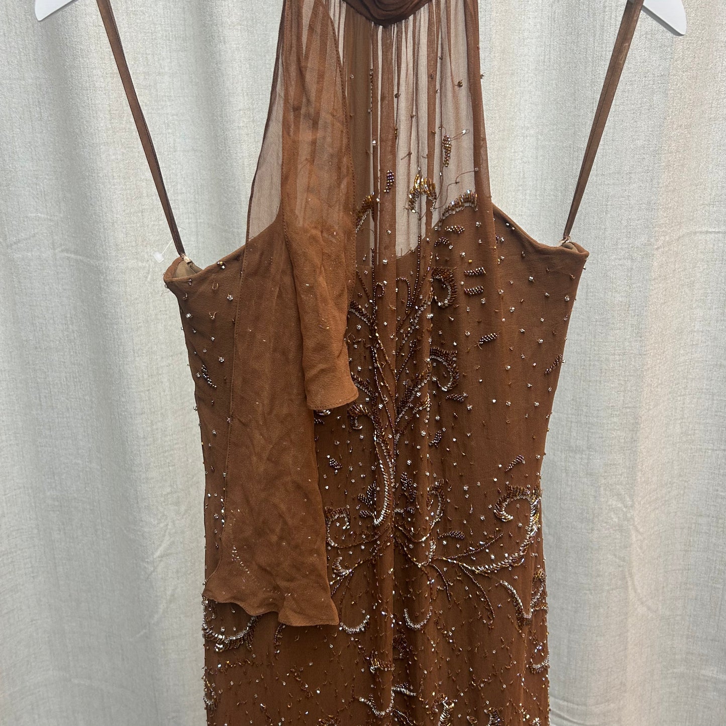 Vintage Silk Brown Beaded Halter Neck Dress with Asymmetrical Hem