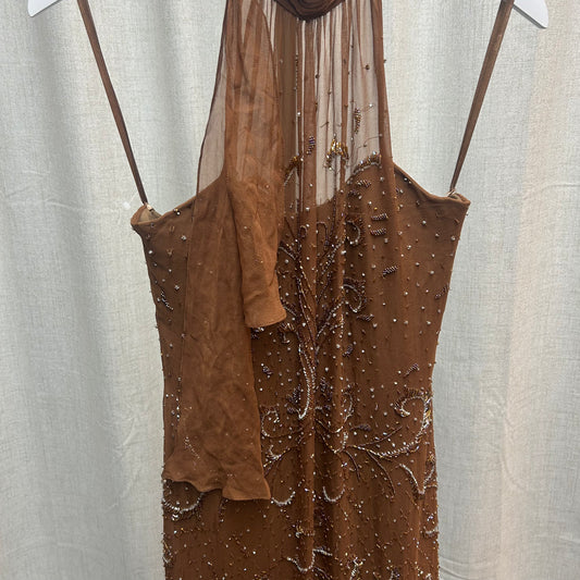 Vintage Silk Brown Beaded Halter Neck Dress with Asymmetrical Hem
