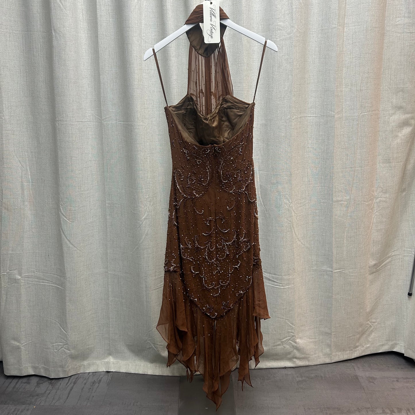 Vintage Silk Brown Beaded Halter Neck Dress with Asymmetrical Hem